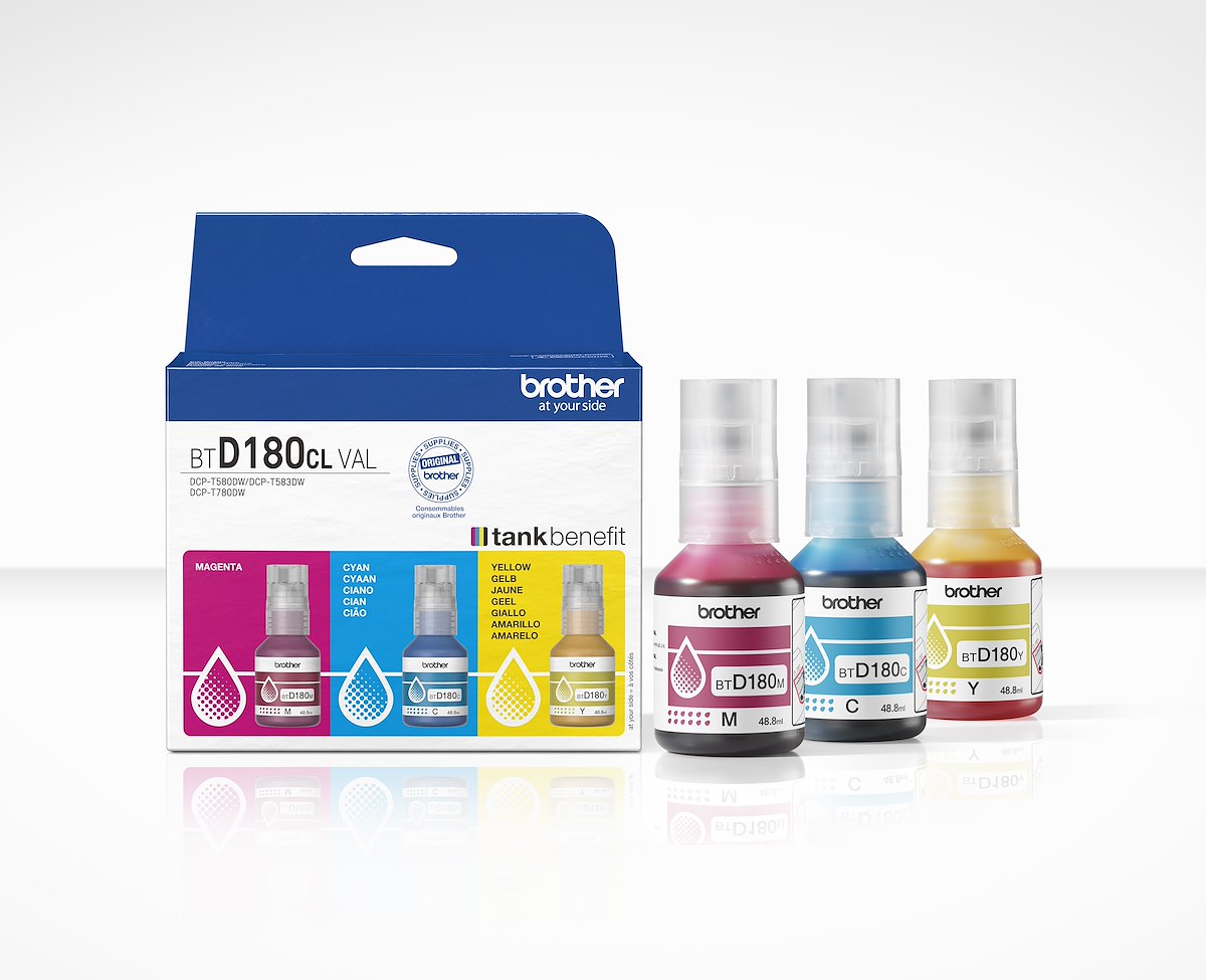 Brother BTD180CLVAL Confezione Multipack Flaconi 3 Colori Magenta-Ciano-Giallo