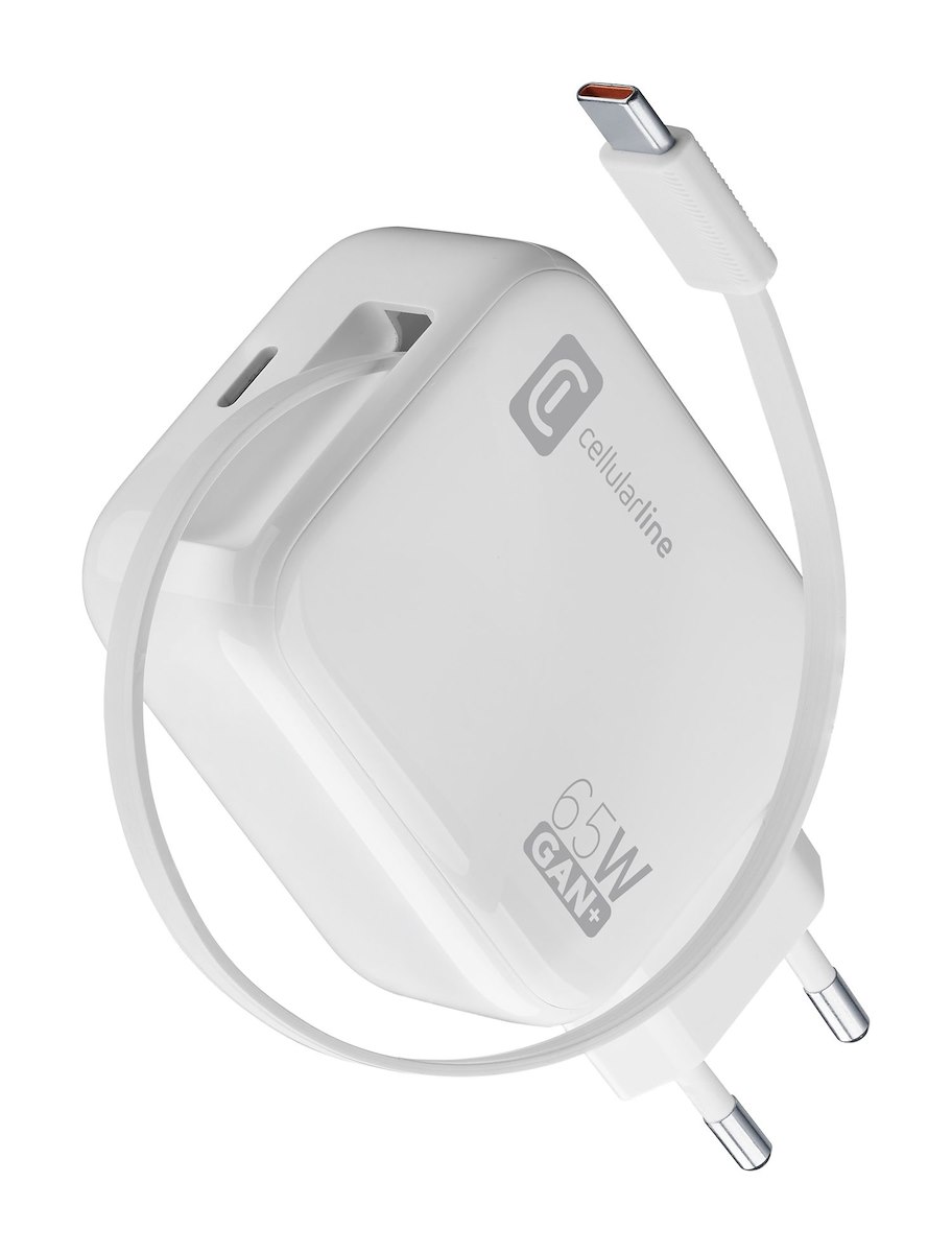 CELLULAR LINE ACHROLLUSBCGAN65WW Caricabatterie Rete USB-C Retrattile 65W GAN Bianco