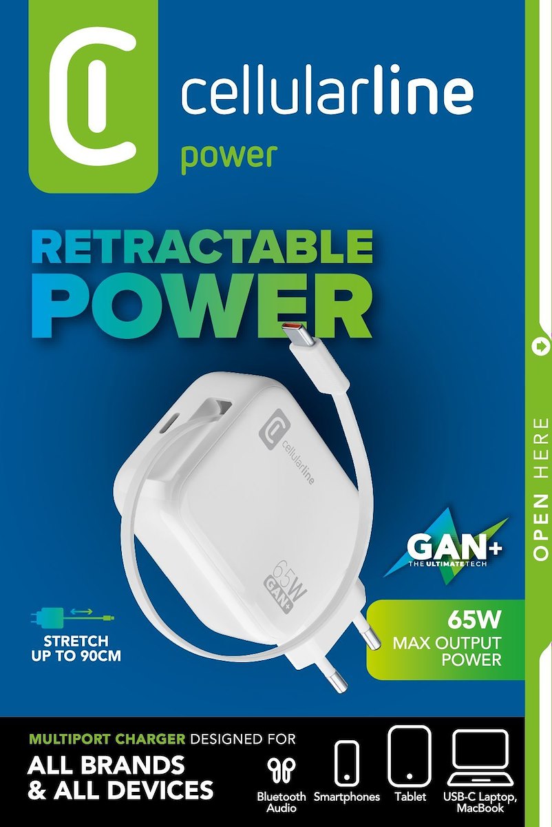 CELLULAR LINE ACHROLLUSBCGAN65WW Caricabatterie Rete USB-C Retrattile 65W GAN Bianco - immagine 2