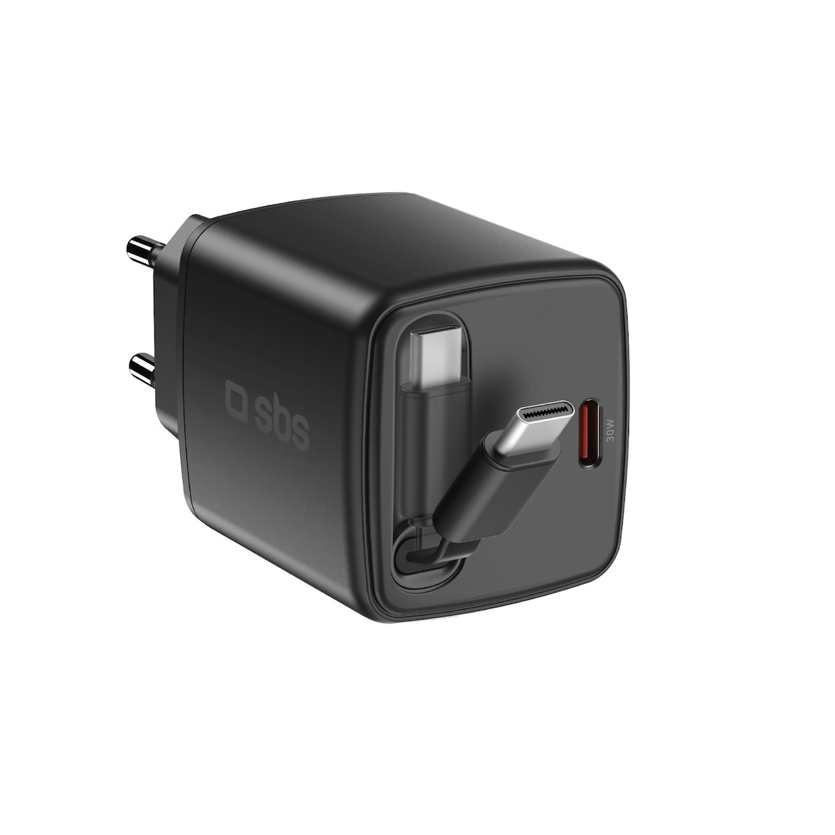 SBS TETRRET30WK Caricabatterie Rete USB-C 30W con Cavo Integrato Nero