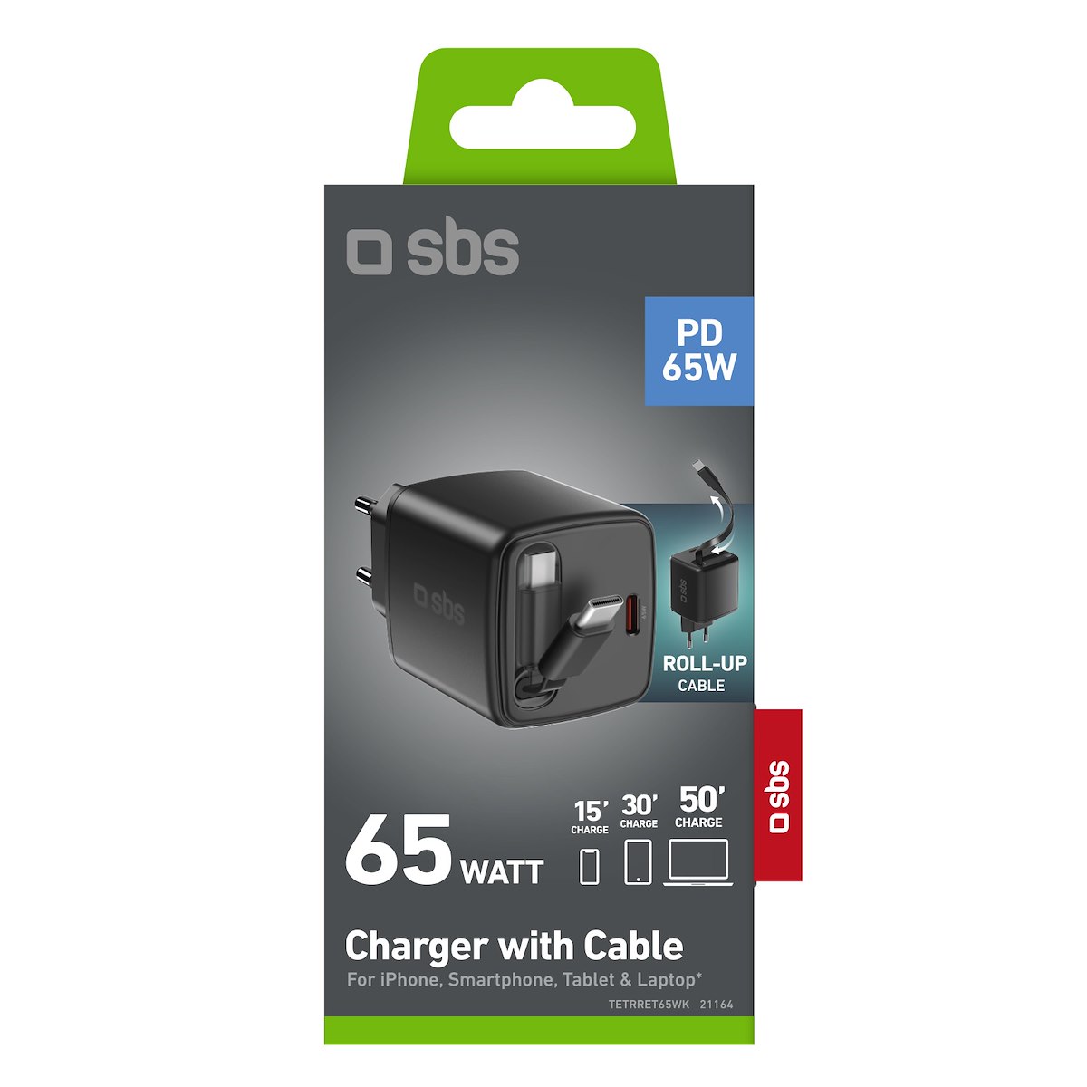 SBS TETRRET65WK Caricabatterie Rete USB-C con Cavo Integrato 65W