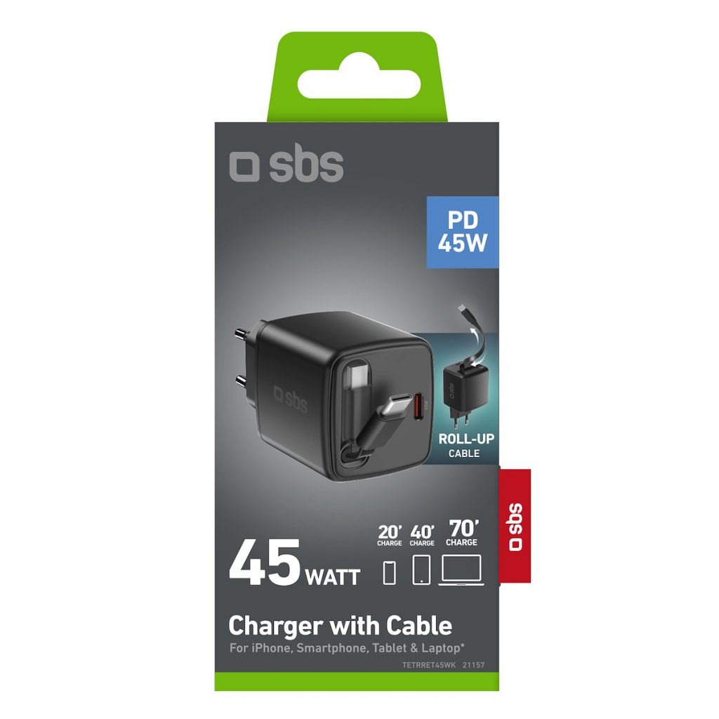 SBS TETRRET45WK Caricabatterie Rete USB-C con Cavo Integrato 45W