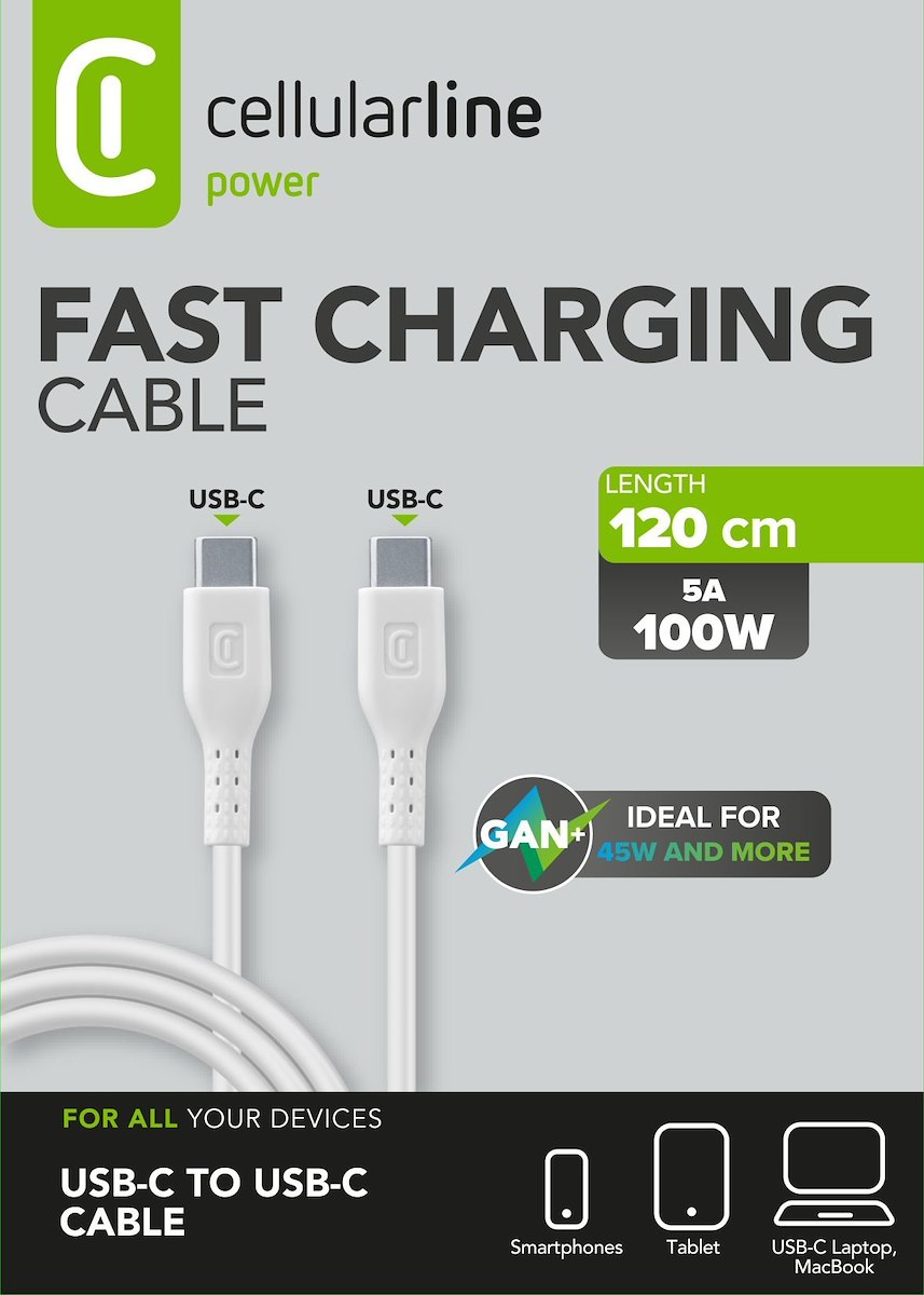 CELLULAR LINE USBDATA100C2C5A1MW Cavo USB-C a USB-C 5A 1.2m Bianco - immagine 2
