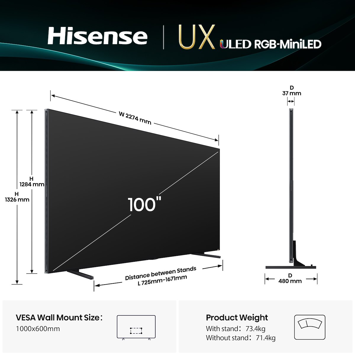 HISENSE 100UXQ TV Mini LED 100" 4K UHD T2-S2 AI Smart VIDAA U9 - immagine 2