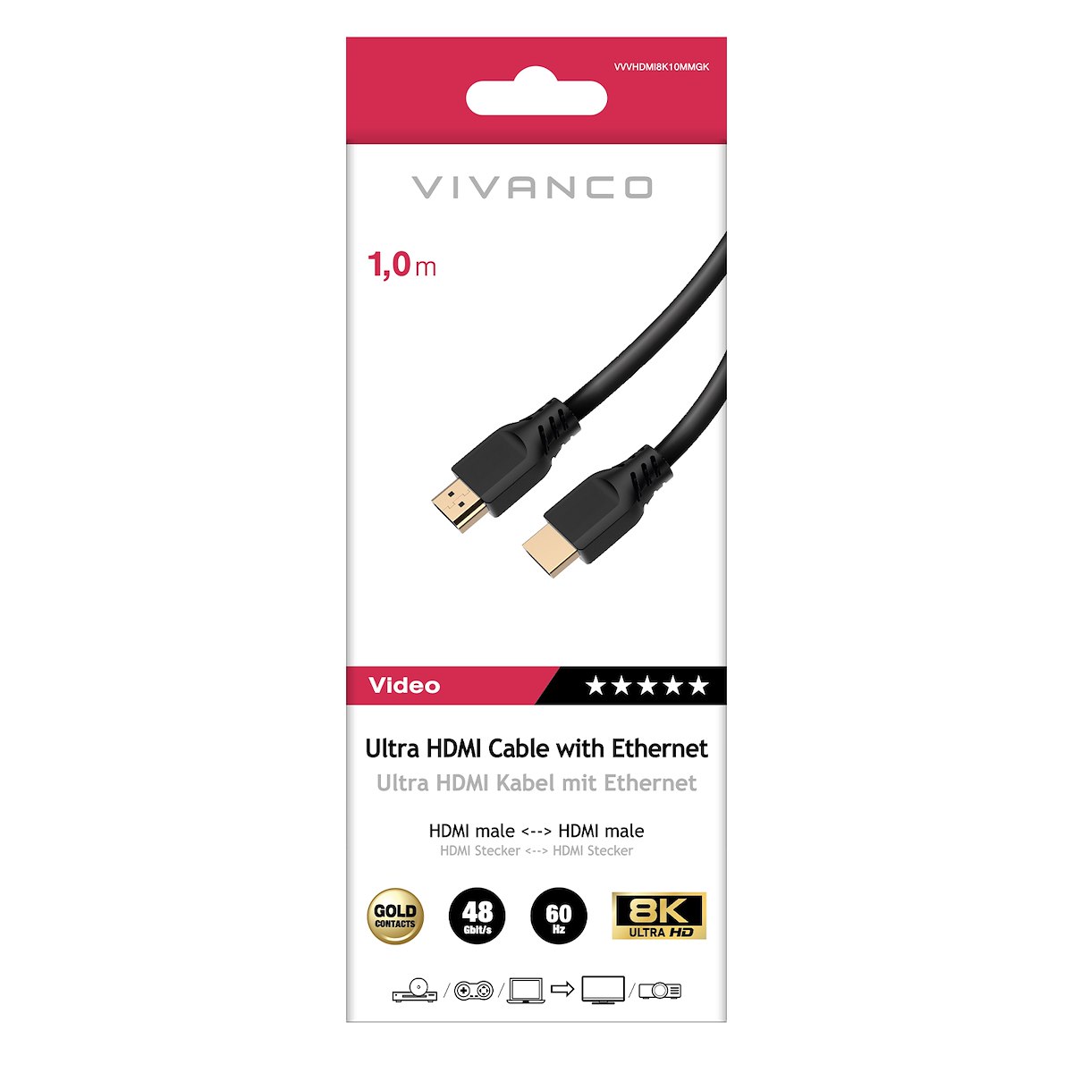 VIVANCO VVVHDMI8K10MMGK Cavo HDMI 2.1 ARC M-M 1m 8K-60Hz Nero