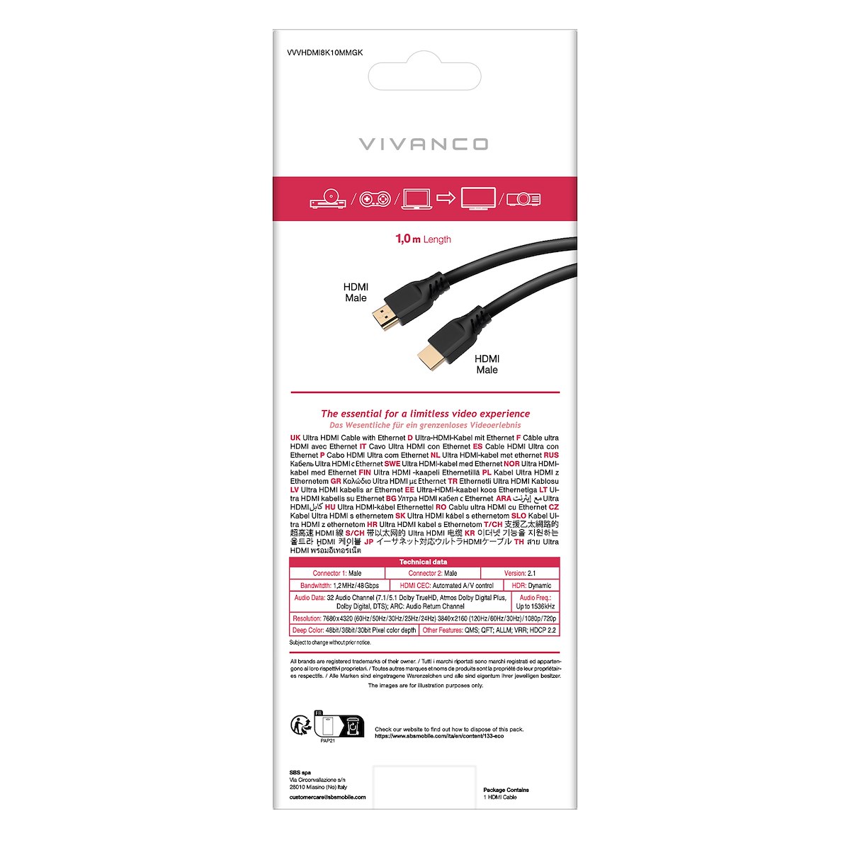 VIVANCO VVVHDMI8K10MMGK Cavo HDMI 2.1 ARC M-M 1m 8K-60Hz Nero - immagine 3