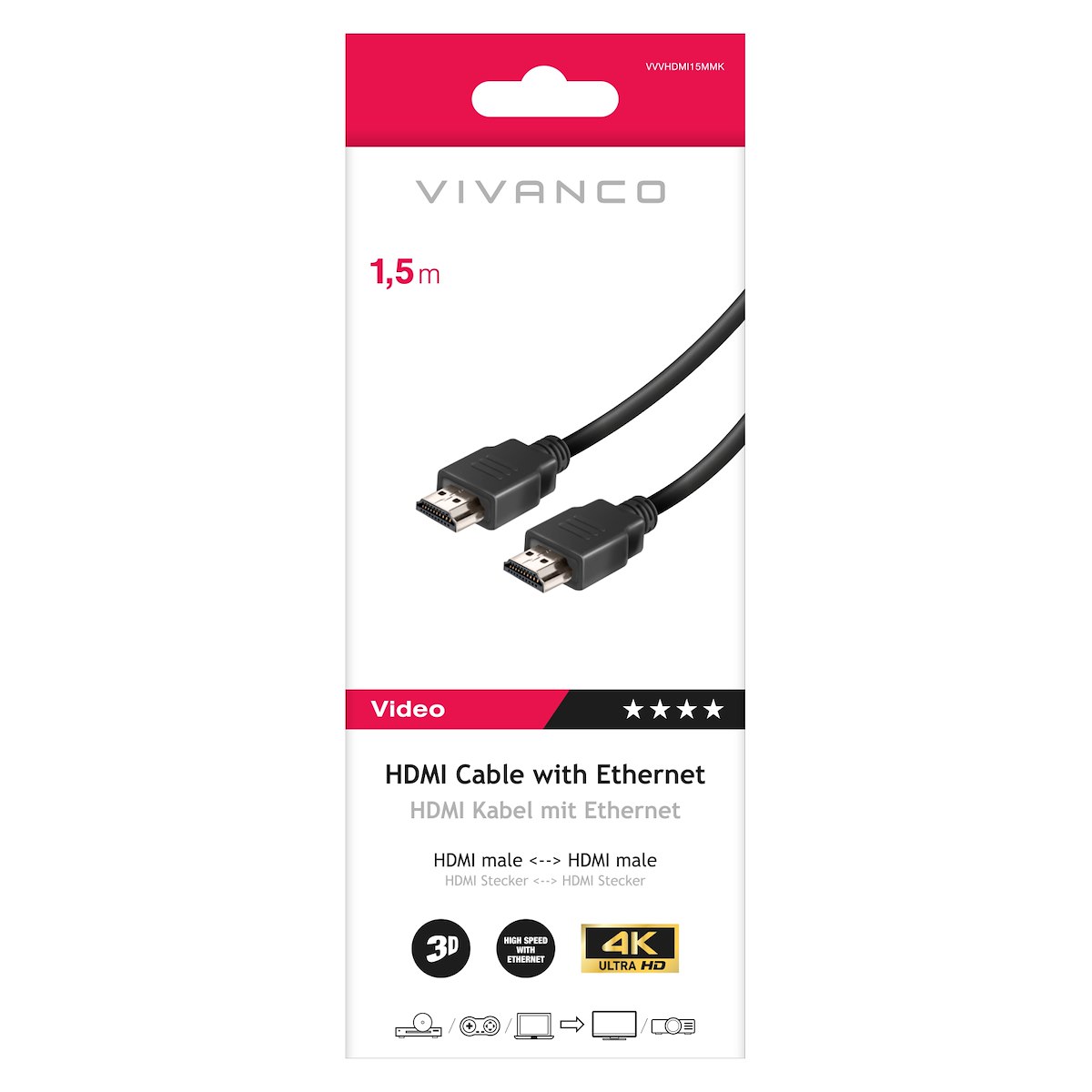 VIVANCO VVVHDMI15MMK Cavo HDMI 1.4 ARC M-M Oro 1.5m 4K-24Hz Nero