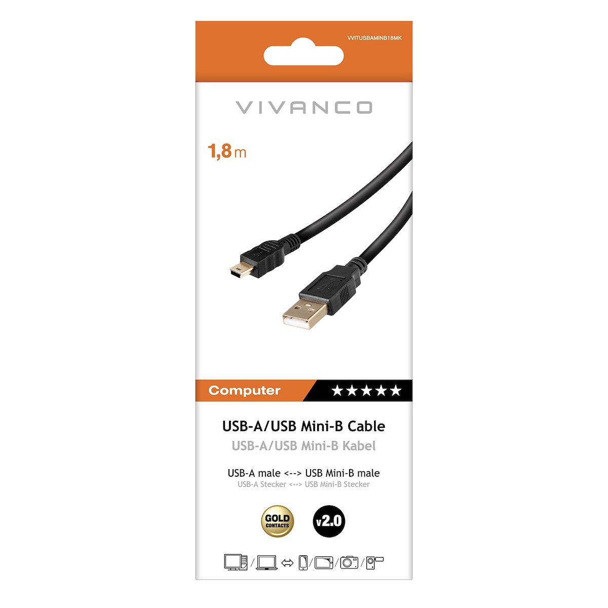 VIVANCO VVITUSBAMINB18MK Cavo USB-A Maschio a Mini USB Maschio 1.8m Nero