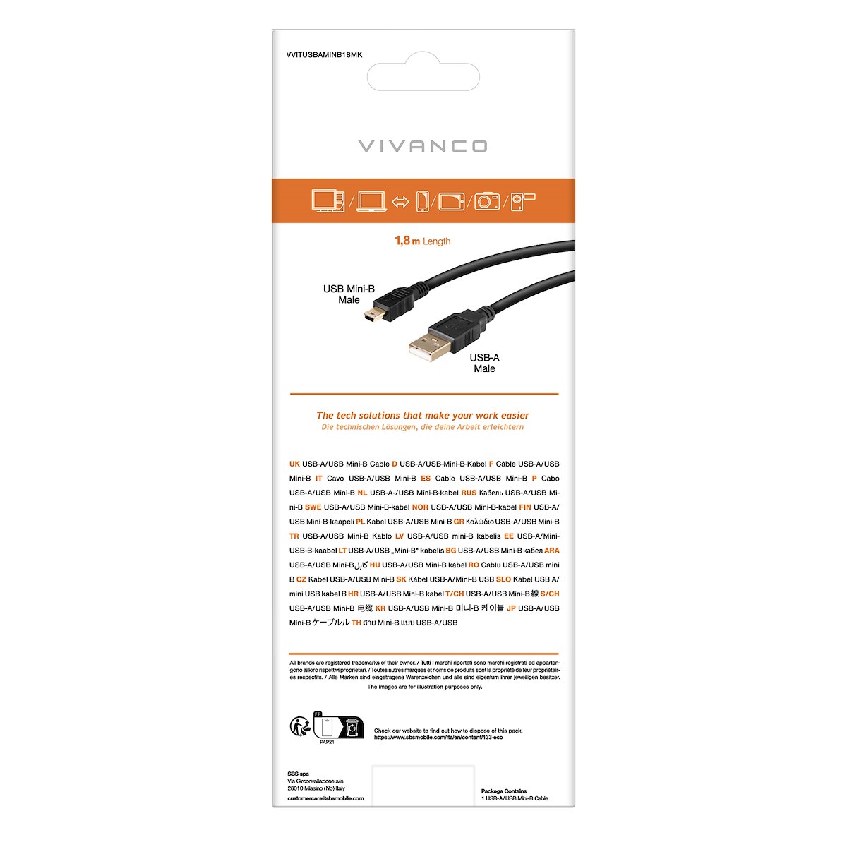 VIVANCO VVITUSBAMINB18MK Cavo USB-A Maschio a Mini USB Maschio 1.8m Nero - immagine 3