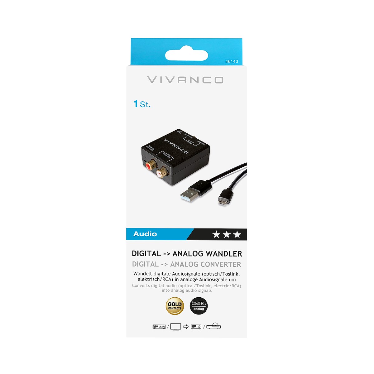 VIVANCO VVATOSLRCACONVERTK Convertitore Audio Toslink-RCA M-F Nero