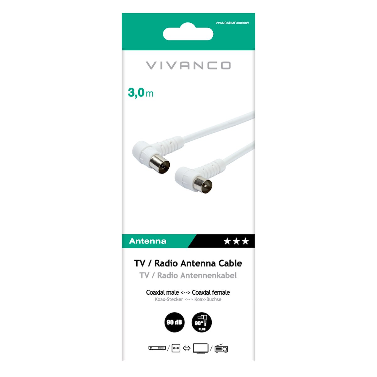 VIVANCO VVANCABMF30090W Cavo antenna M-F 3m 90dB angolo bianco