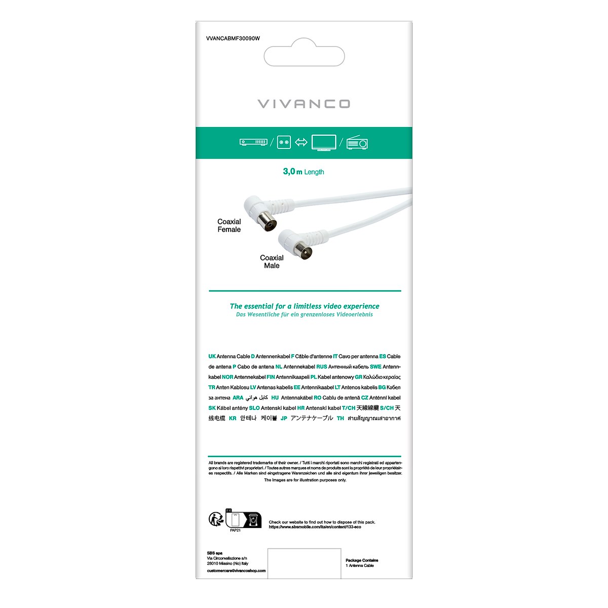 VIVANCO VVANCABMF30090W Cavo antenna M-F 3m 90dB angolo bianco - immagine 3