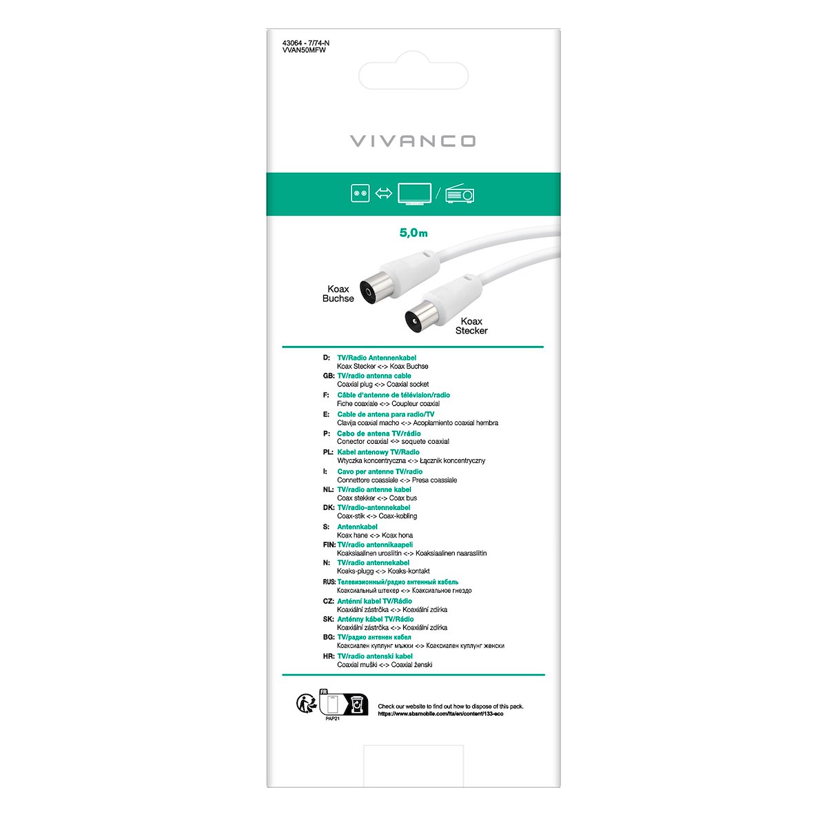 VIVANCO VVAN50MFW Cavo antenna M-M 5m 50dB bianco - immagine 3