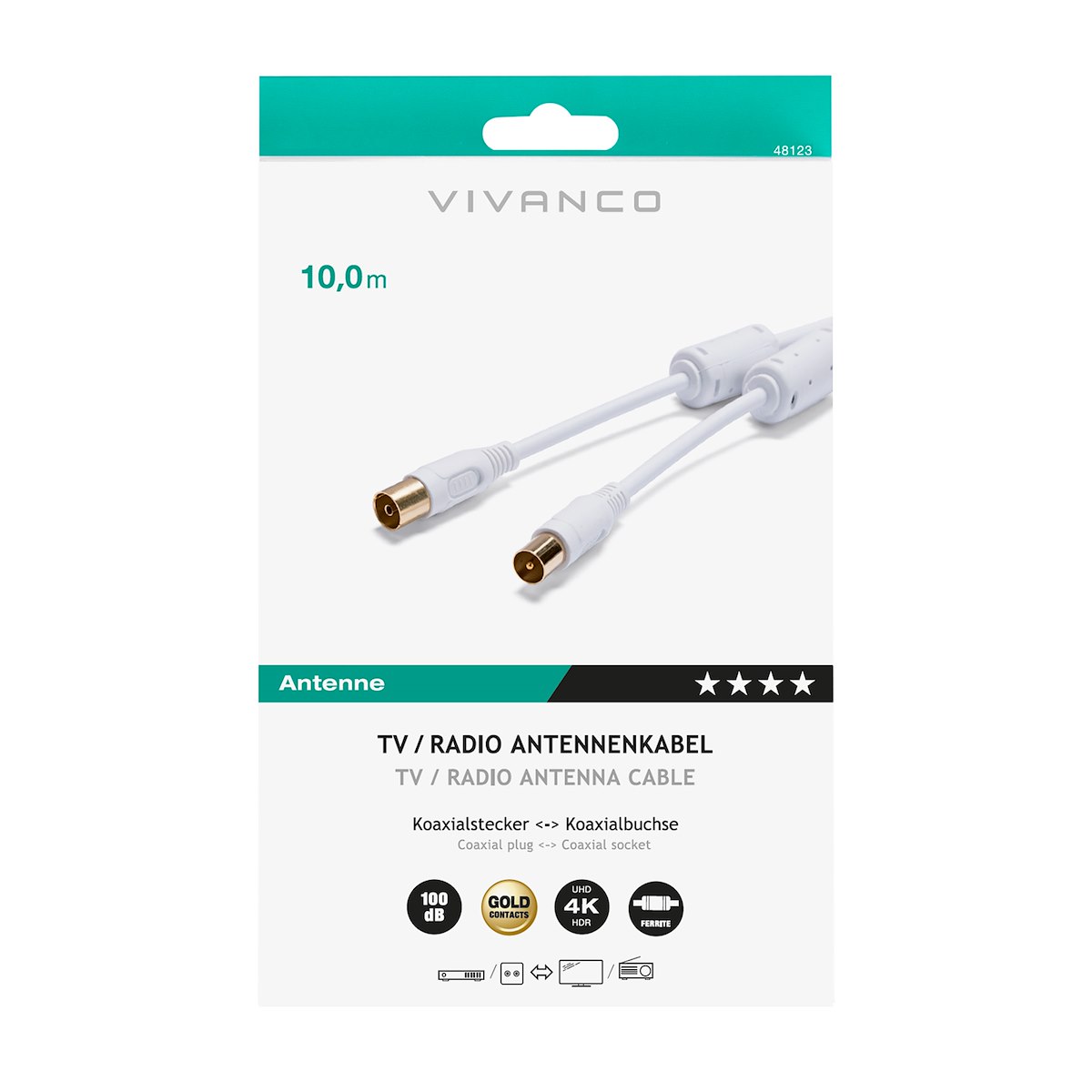VIVANCO VVAN100FEDBGW Cavo antenna M-F 10m 100dB, bianco, oro