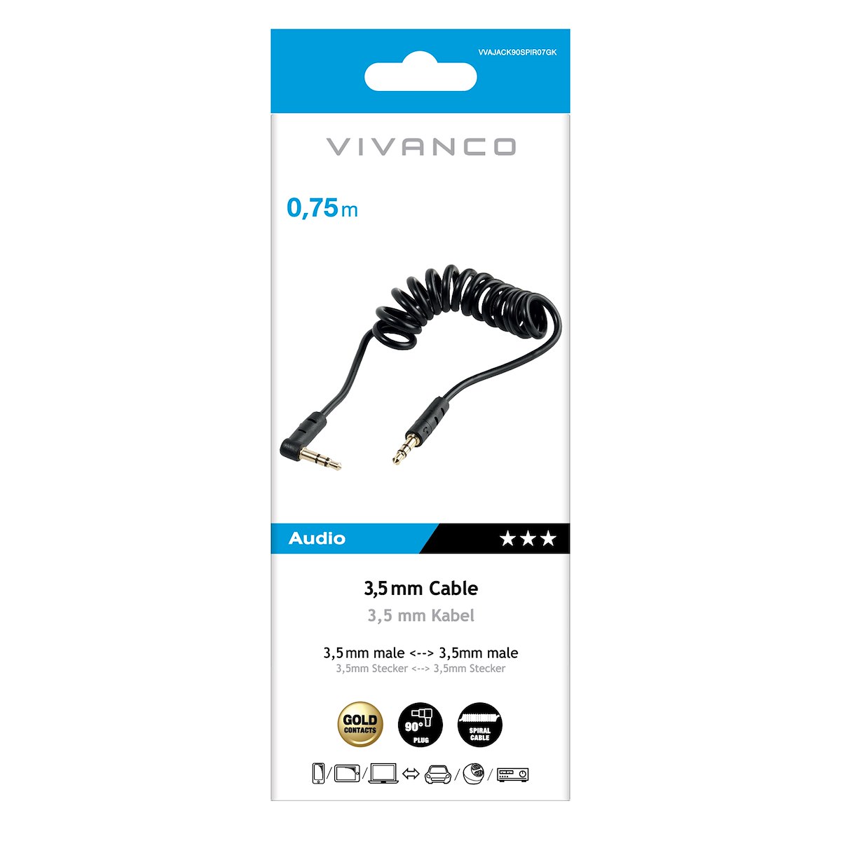 VIVANCO VVAJACK90SPIR07GK Cavo audio jack 3.5mm spirale 0.75m M-M nero