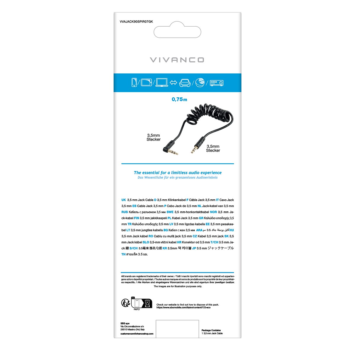 VIVANCO VVAJACK90SPIR07GK Cavo audio jack 3.5mm spirale 0.75m M-M nero - immagine 3