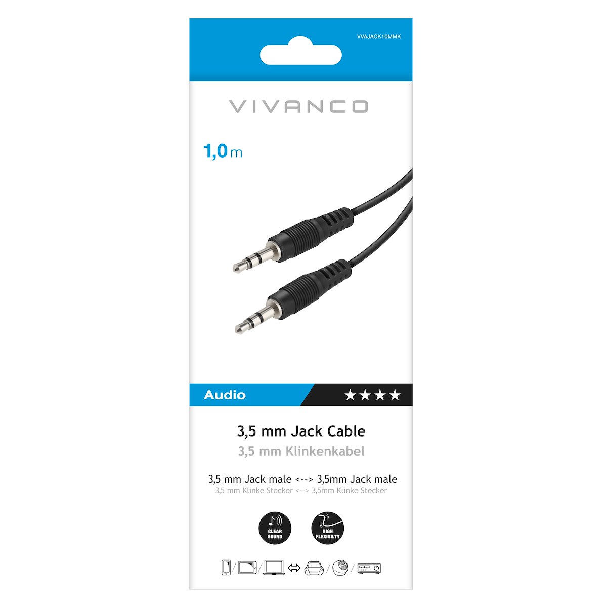 VIVANCO VVAJACK10MMK Cavo audio jack 3.5mm M-M, 1m, nero