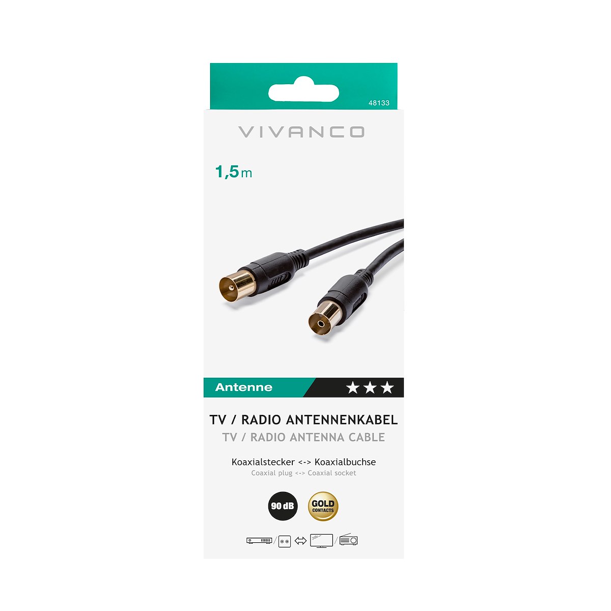 VIVANCO VVACABMF150K Cavo antenna M-F, 1.5m, 90dB, nero