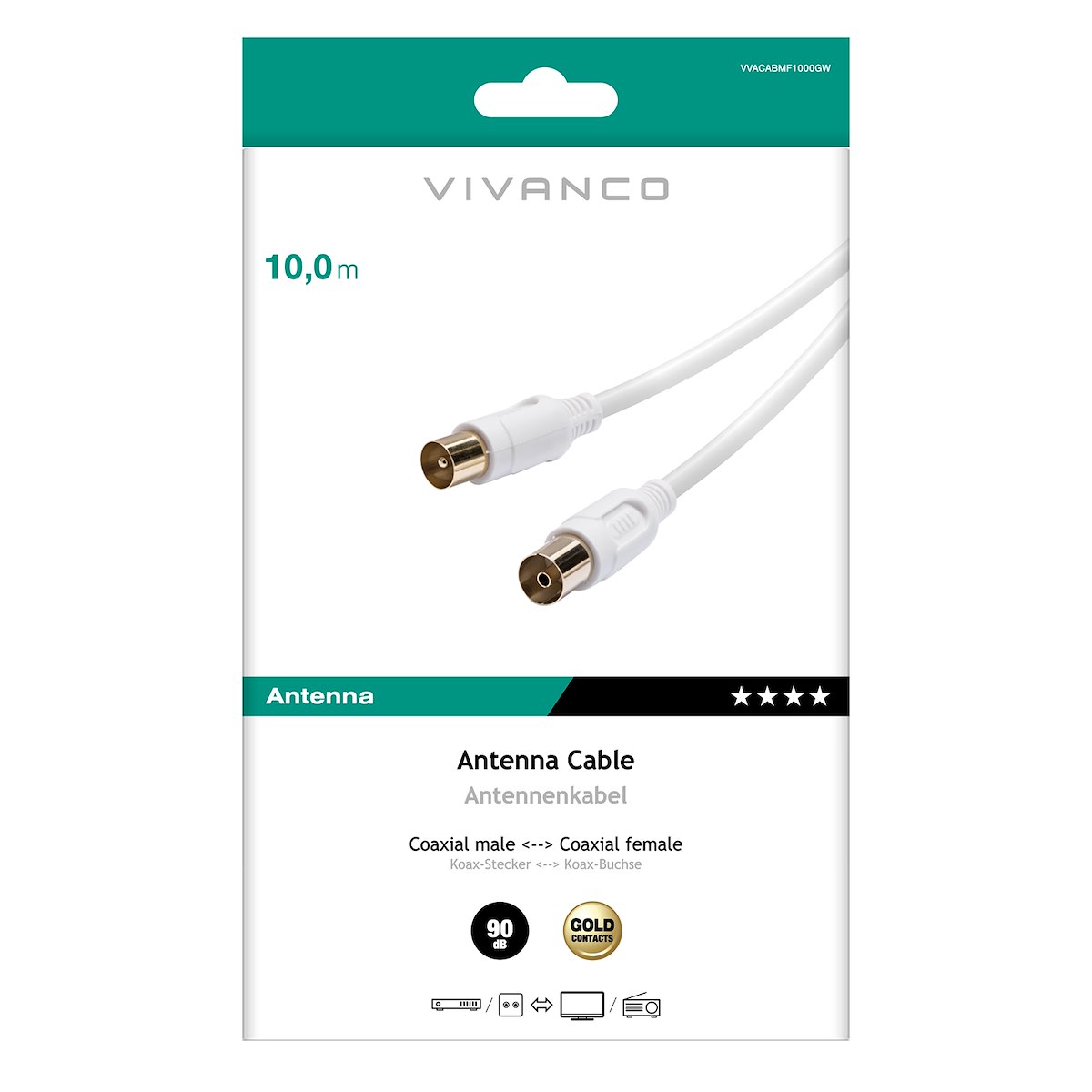 VIVANCO VVACABMF1000GW Cavo antenna M-F, 10m, 90dB, bianco