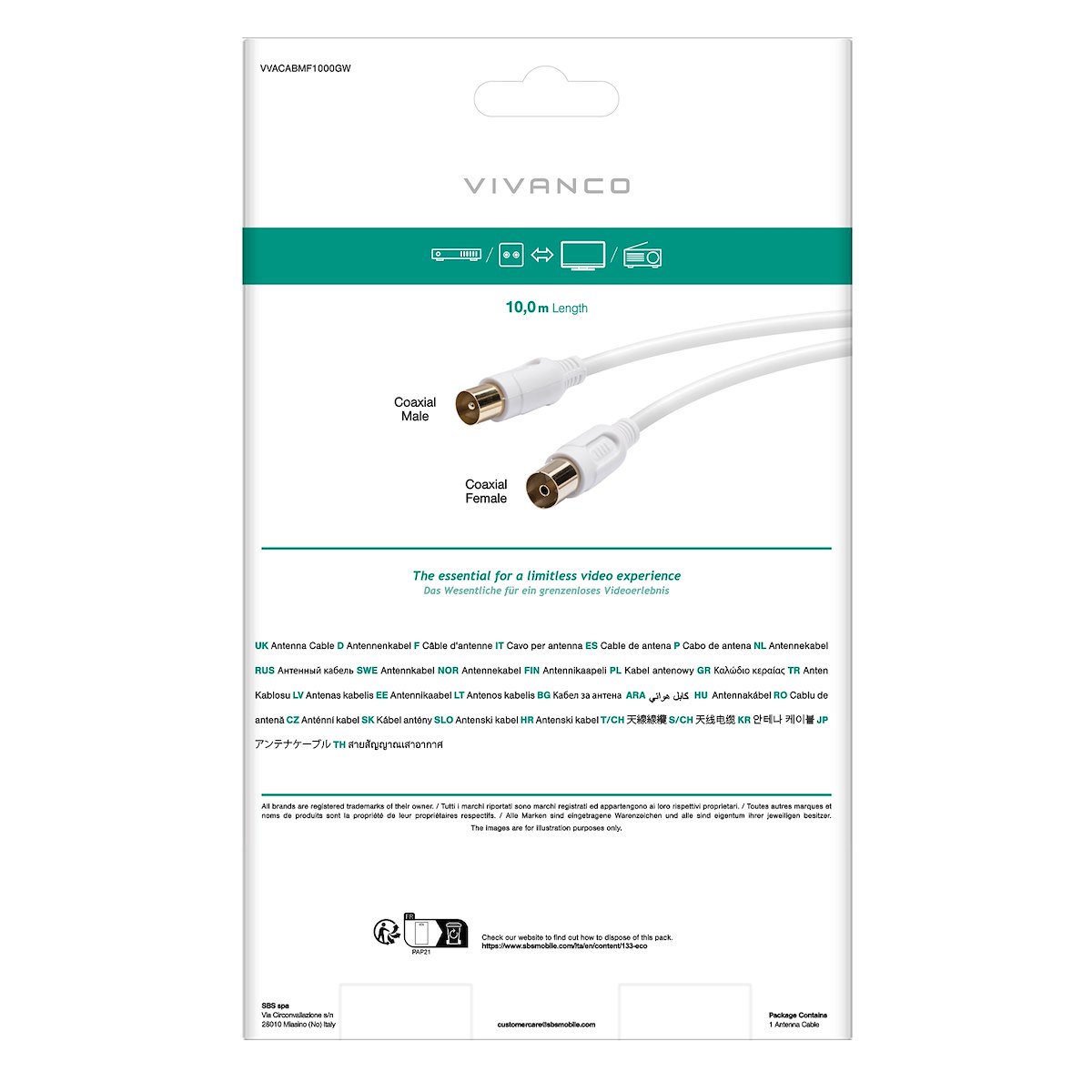 VIVANCO VVACABMF1000GW Cavo antenna M-F, 10m, 90dB, bianco - immagine 3