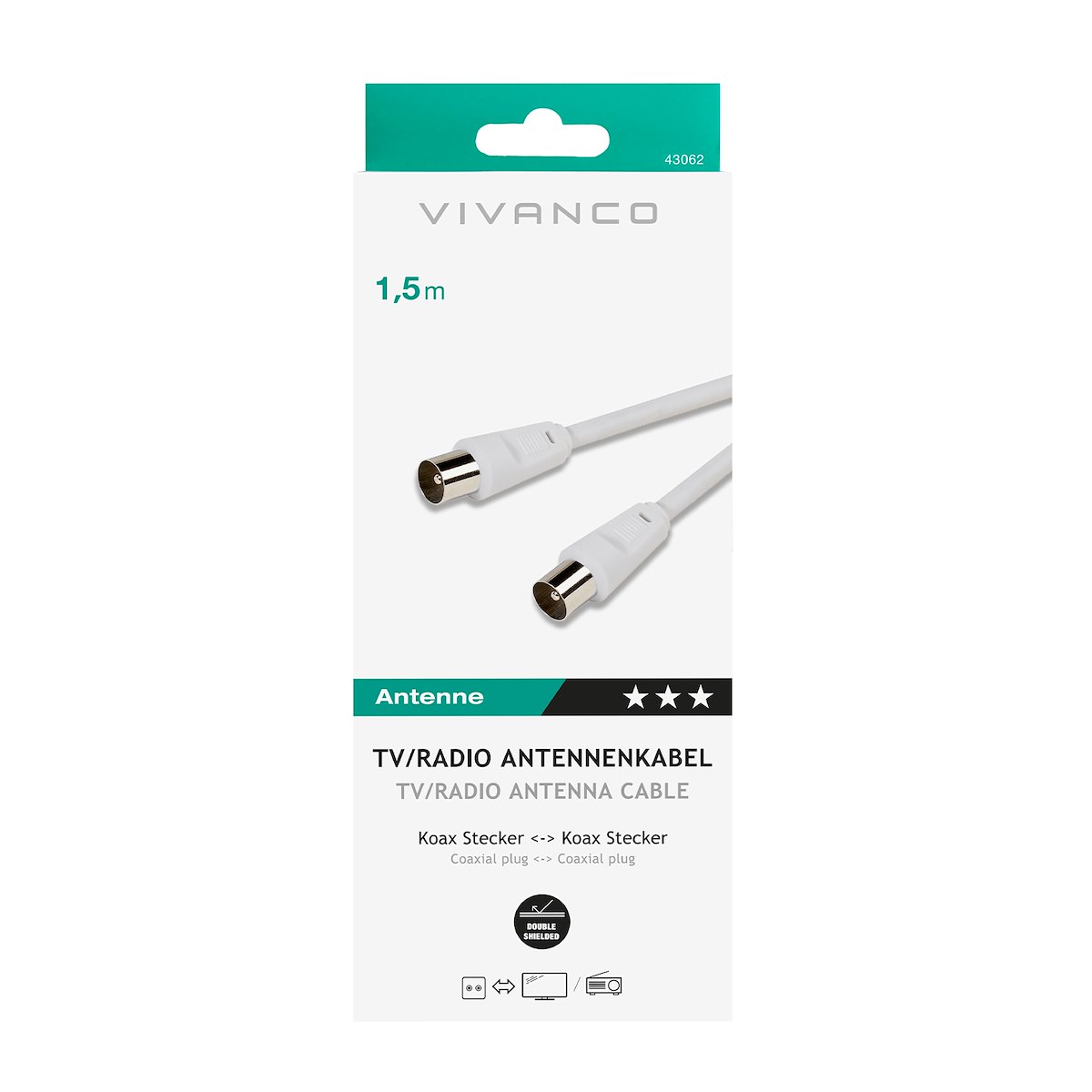 VIVANCO VVAN50D18MMW Cavo Antenna Plug-Plug 1.5m Bianco