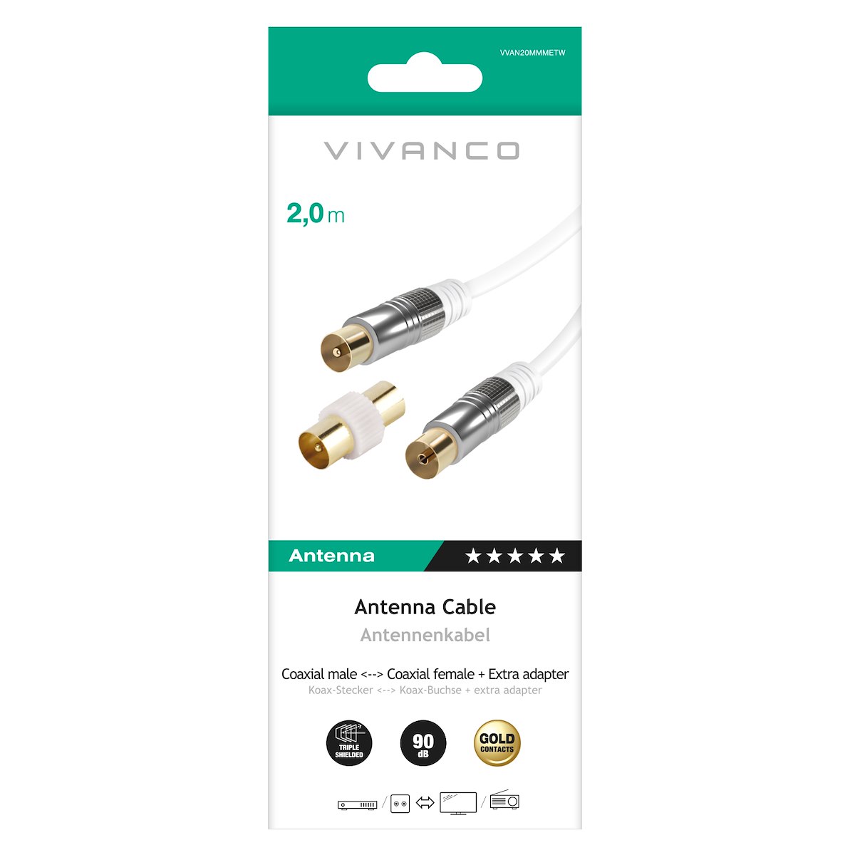 VIVANCO VVAN20MMMETW Cavo antenna coassiale M-F, 2m, 90dB, bianco