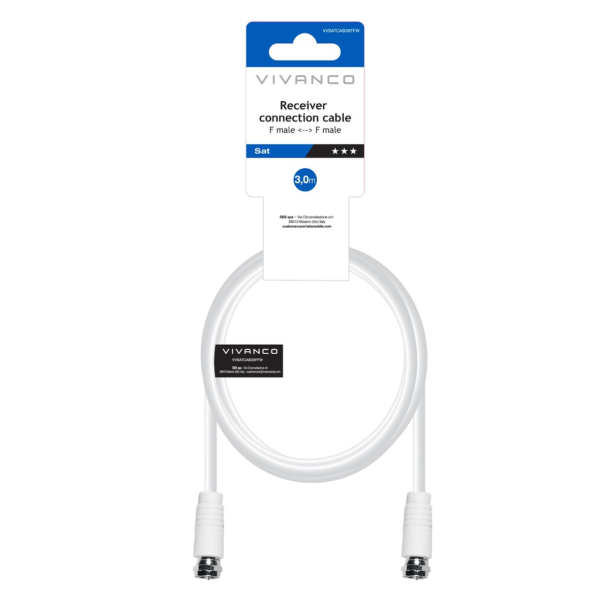 VIVANCO VVSATCAB30FFW Cavo Antenna F-M/M 3m Bianco
