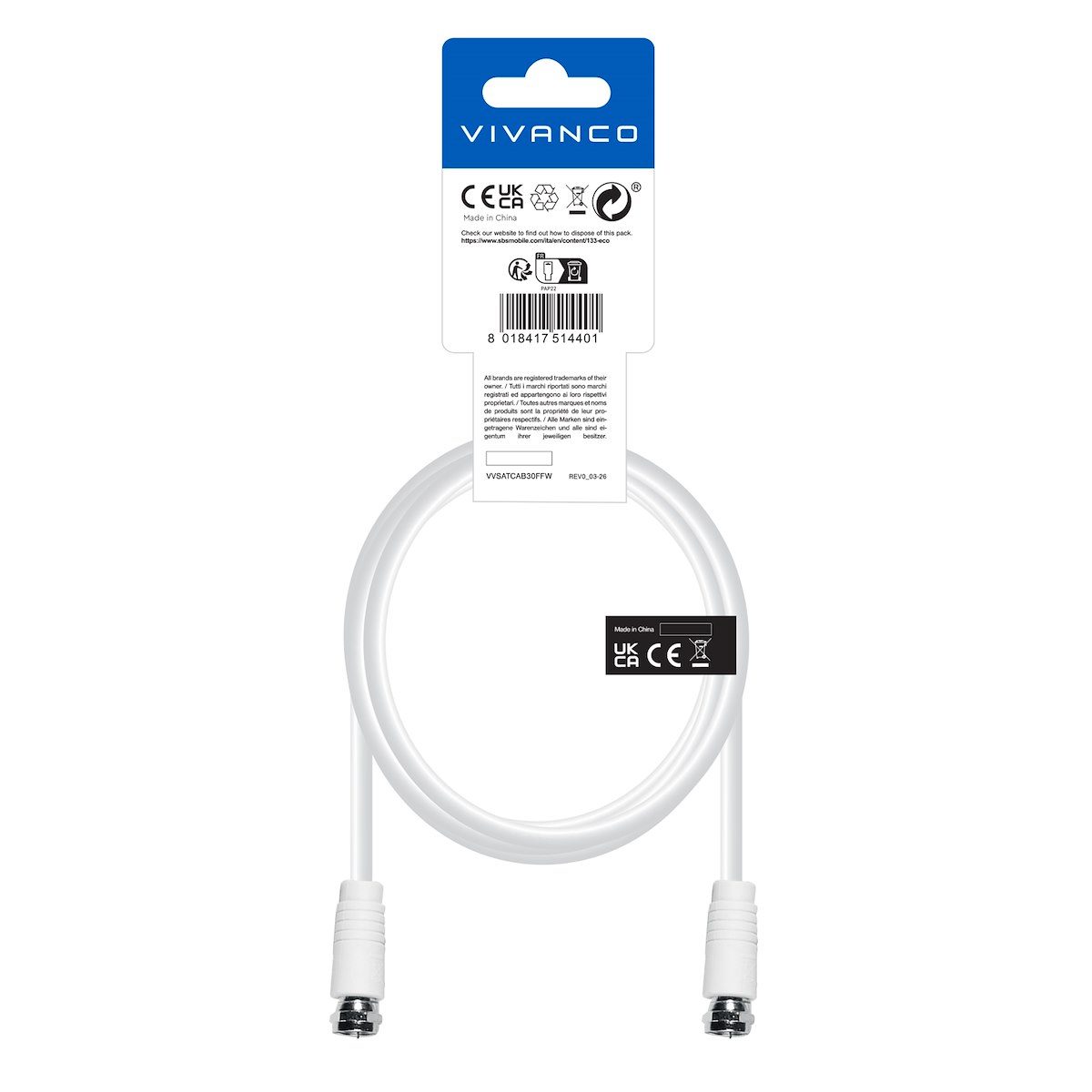 VIVANCO VVSATCAB30FFW Cavo Antenna F-M/M 3m Bianco - immagine 3