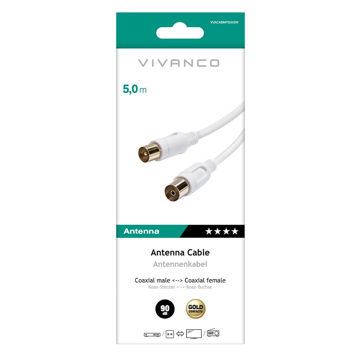 VIVANCO VVACABMF500GW Cavo antenna coassiale M-F, 5m, 90dB, bianco