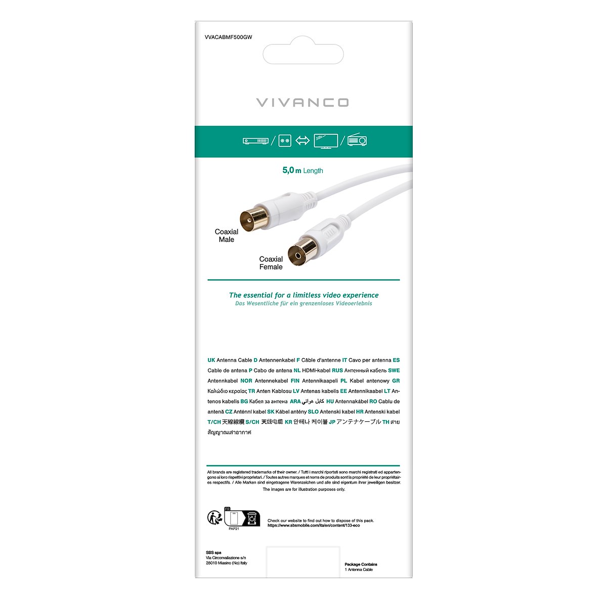 VIVANCO VVACABMF500GW Cavo antenna coassiale M-F, 5m, 90dB, bianco - immagine 3