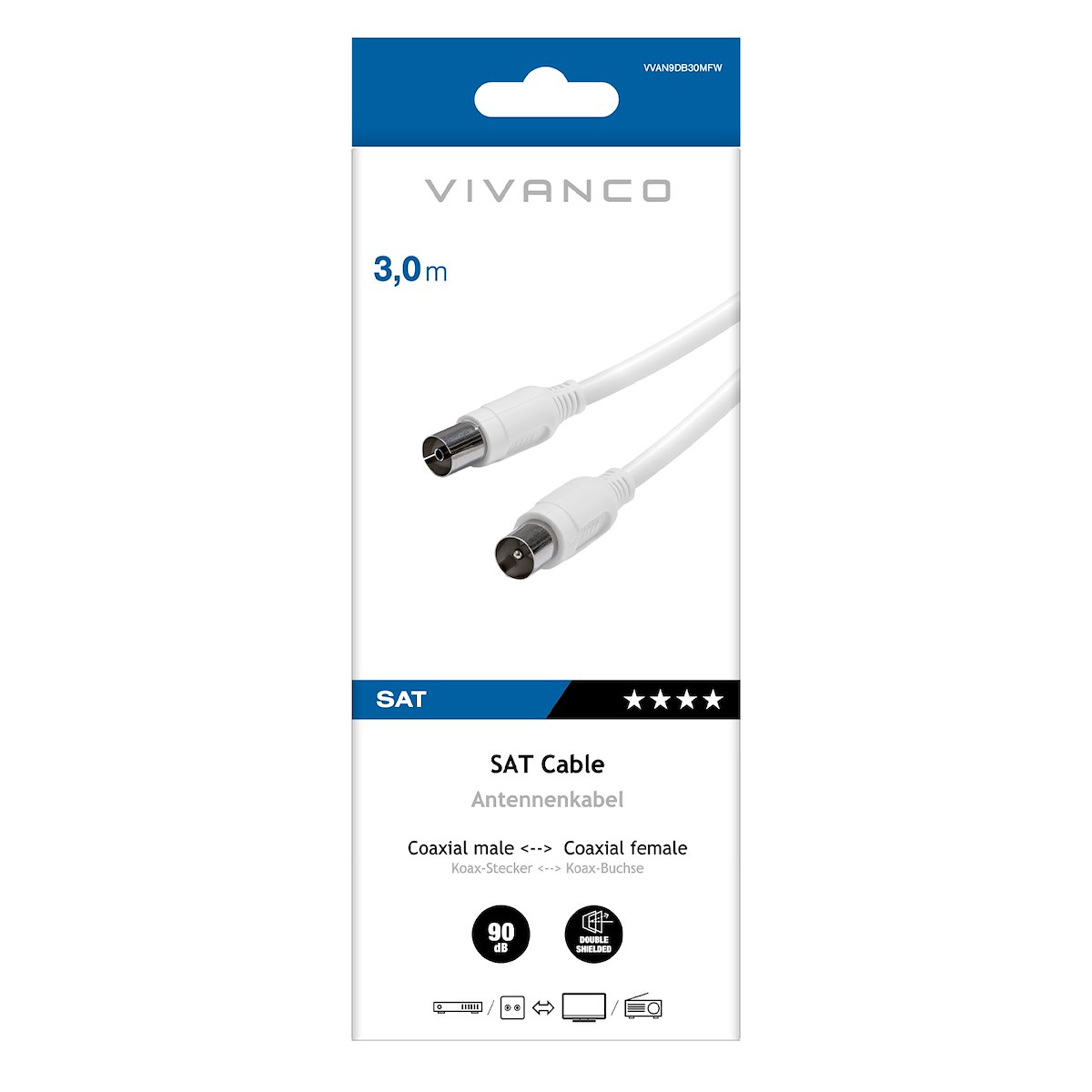 VIVANCO VVAN9DB30MFW Cavo Antenna Coassiale 90dB F-M 3m Bianco