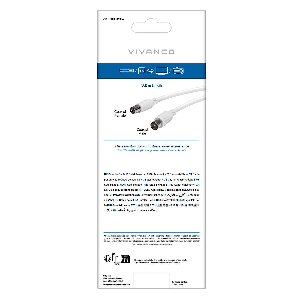 VIVANCO VVAN9DB30MFW Cavo Antenna Coassiale 90dB F-M 3m Bianco - immagine 3
