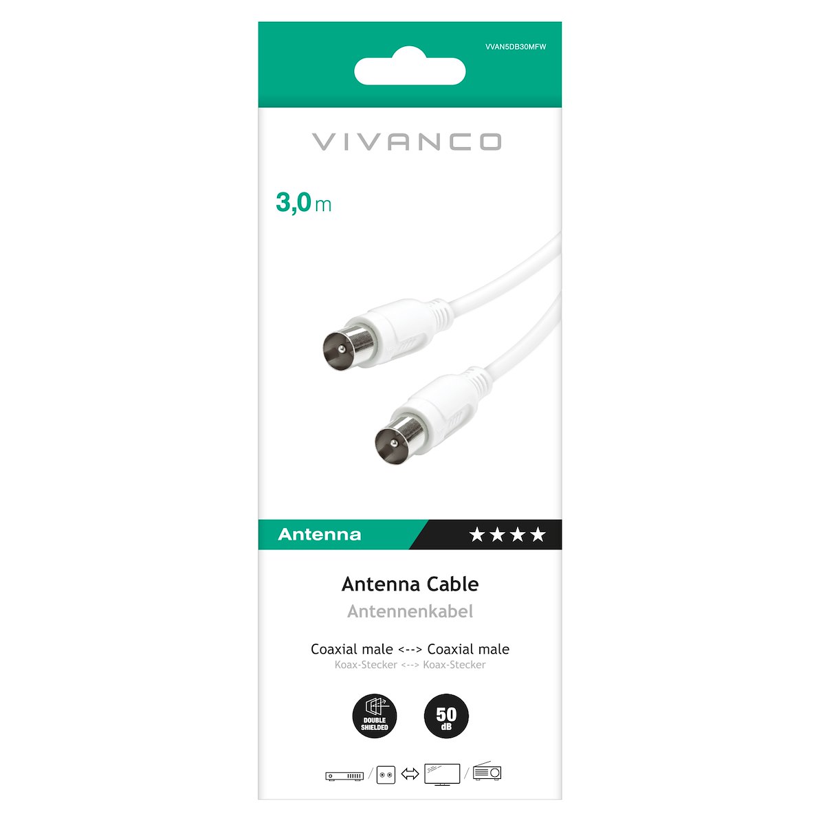 VIVANCO VVAN5DB30MFW Cavo Antenna Coassiale M-M, 3m, 50dB, Bianco