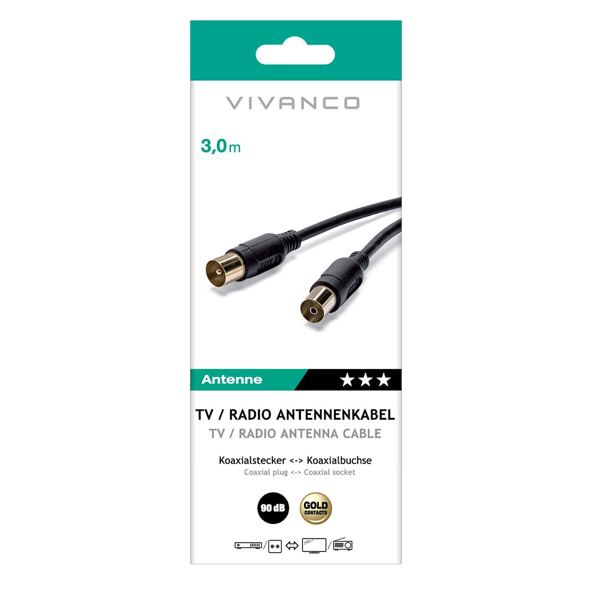 VIVANCO VVACABMF300K Cavo antenna coassiale M-F 3m 90dB nero