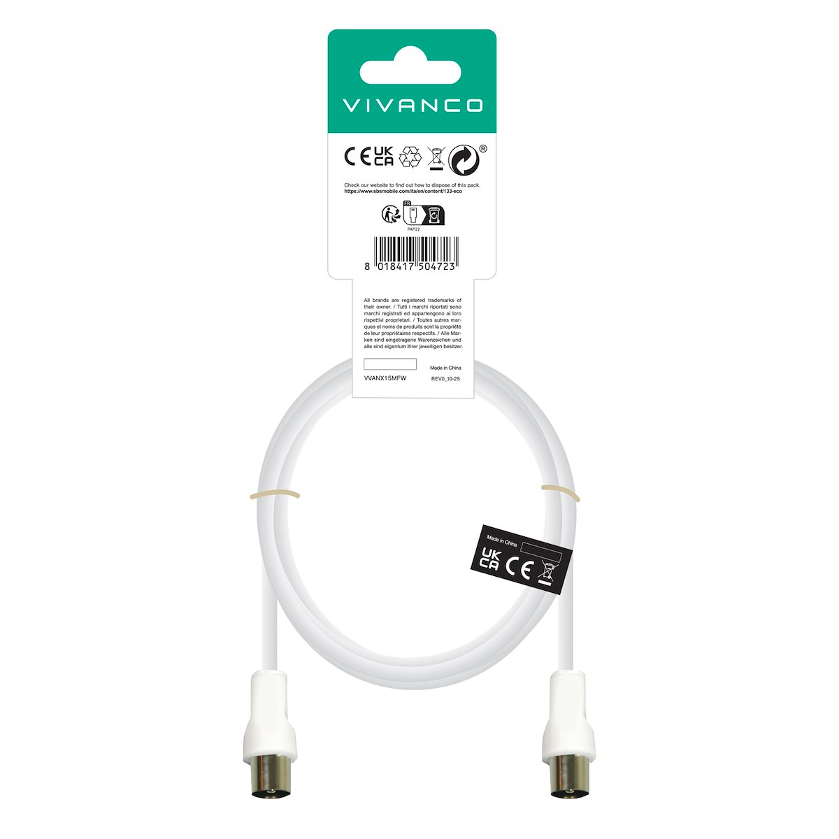 VIVANCO VVANX100MFW Cavo Antenna Coassiale M-F 10m 75 Ohm Bianco - immagine 3