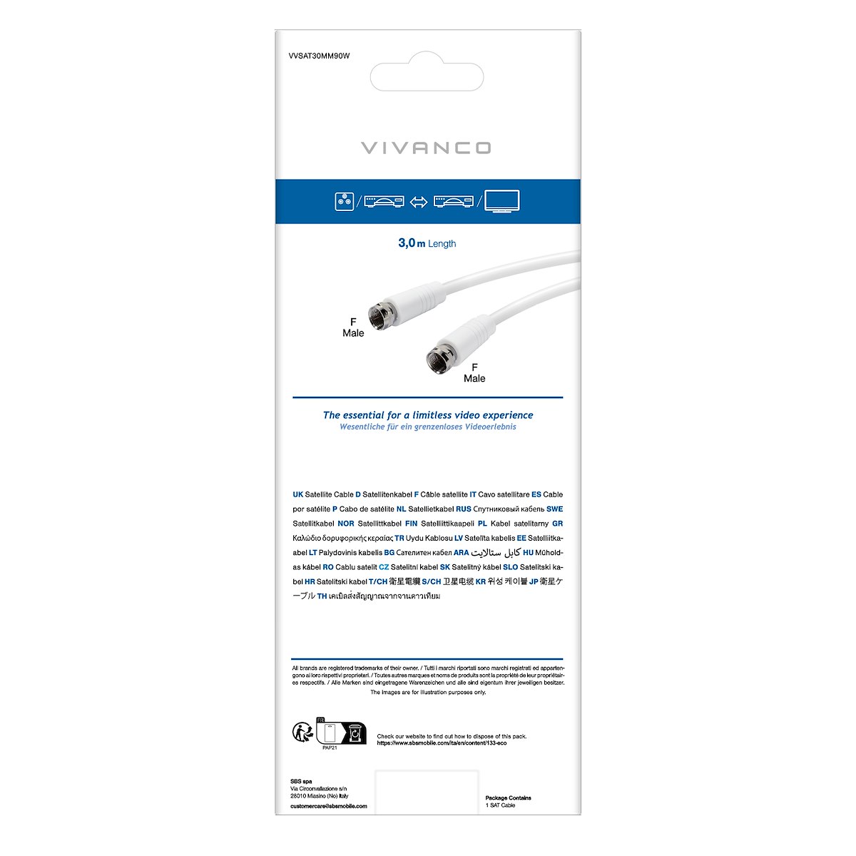VIVANCO VVSAT30MM90W Cavo antenna F M-M 90dB 3m bianco - immagine 3