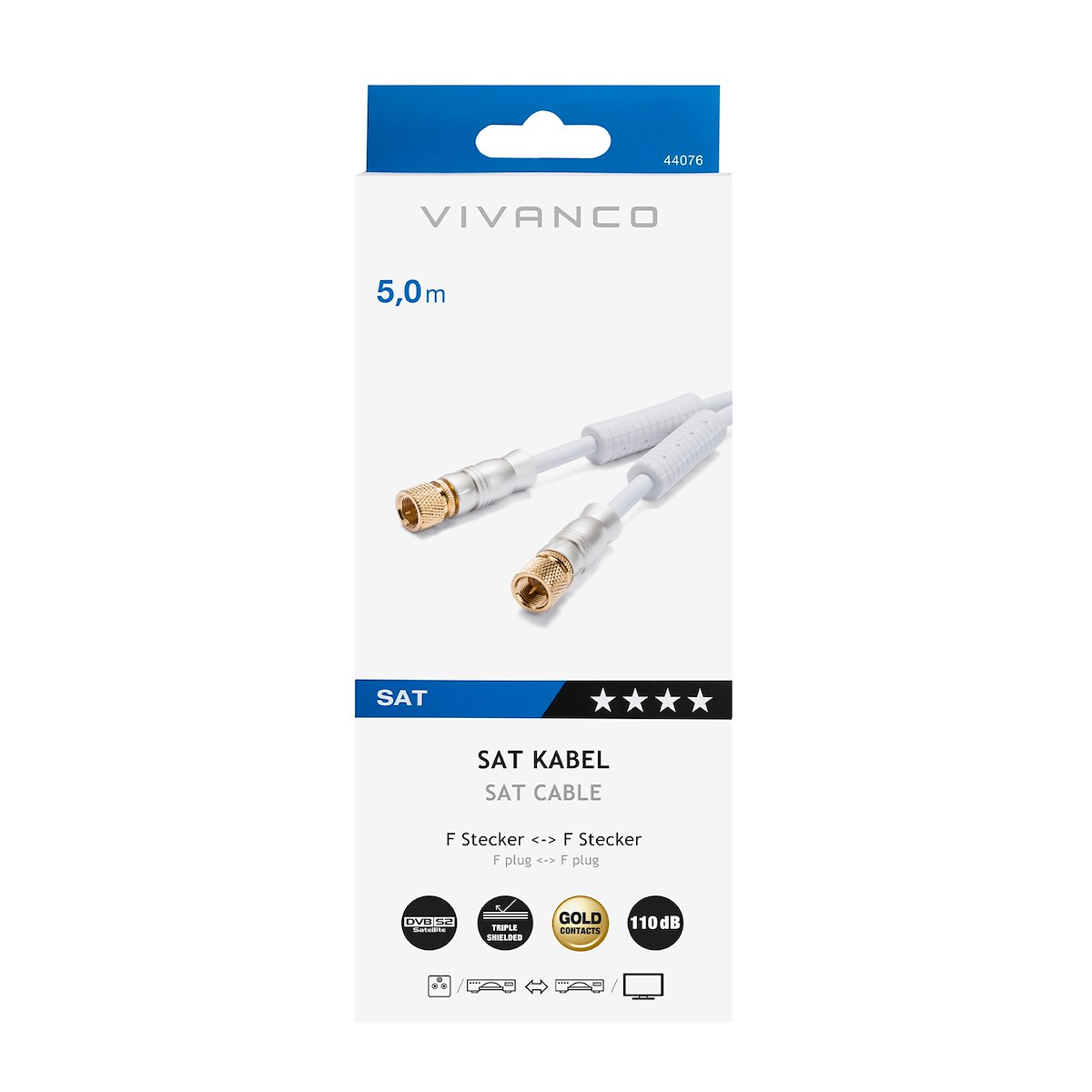 VIVANCO VVSAT50MMFERW Cavo antenna F, 110dB, M-M, oro, 5m, bianco
