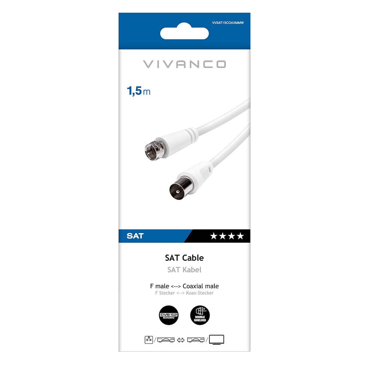 VIVANCO VVSAT15COAXMMW Cavo antenna F-Coax M-M 1.5m, bianco