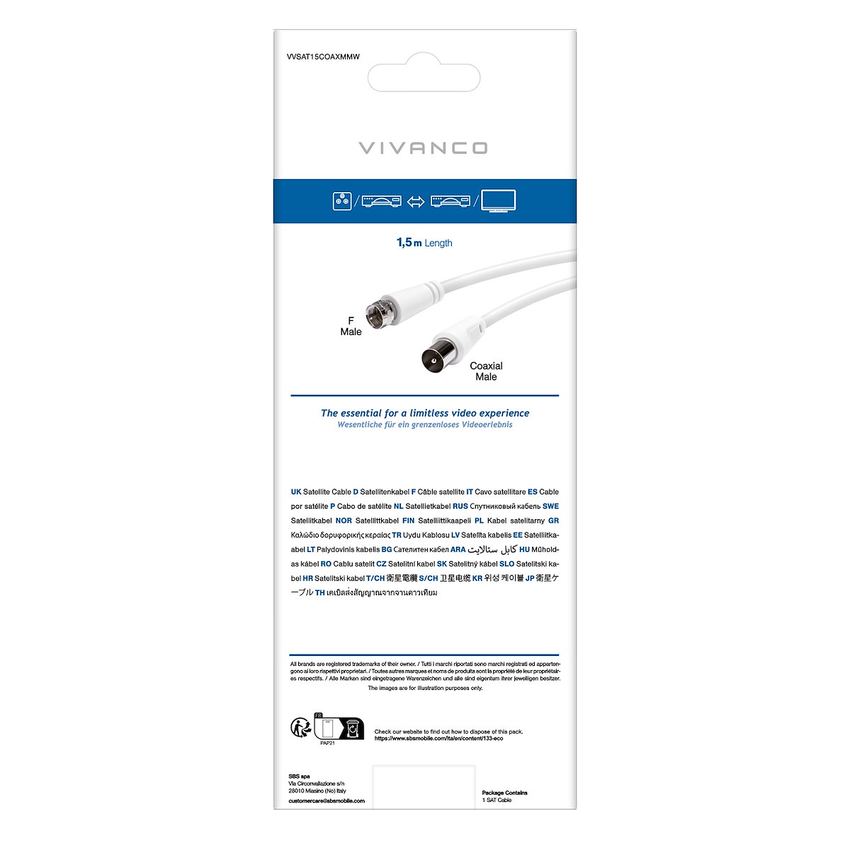 VIVANCO VVSAT15COAXMMW Cavo antenna F-Coax M-M 1.5m, bianco - immagine 3