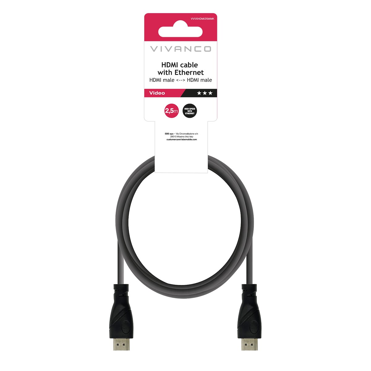 VIVANCO VVVXHDMI25MMK Cavo HDMI 1.4 ARC M-M, 2.5m, 4K-24Hz, Nero