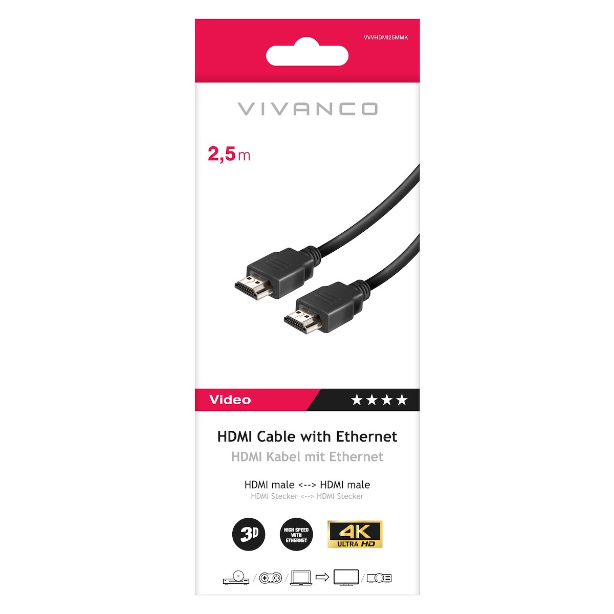 VIVANCO VVVHDMI25MMK Cavo HDMI 1.4 ARC M-M, 2.5m, 4K-24Hz, nero