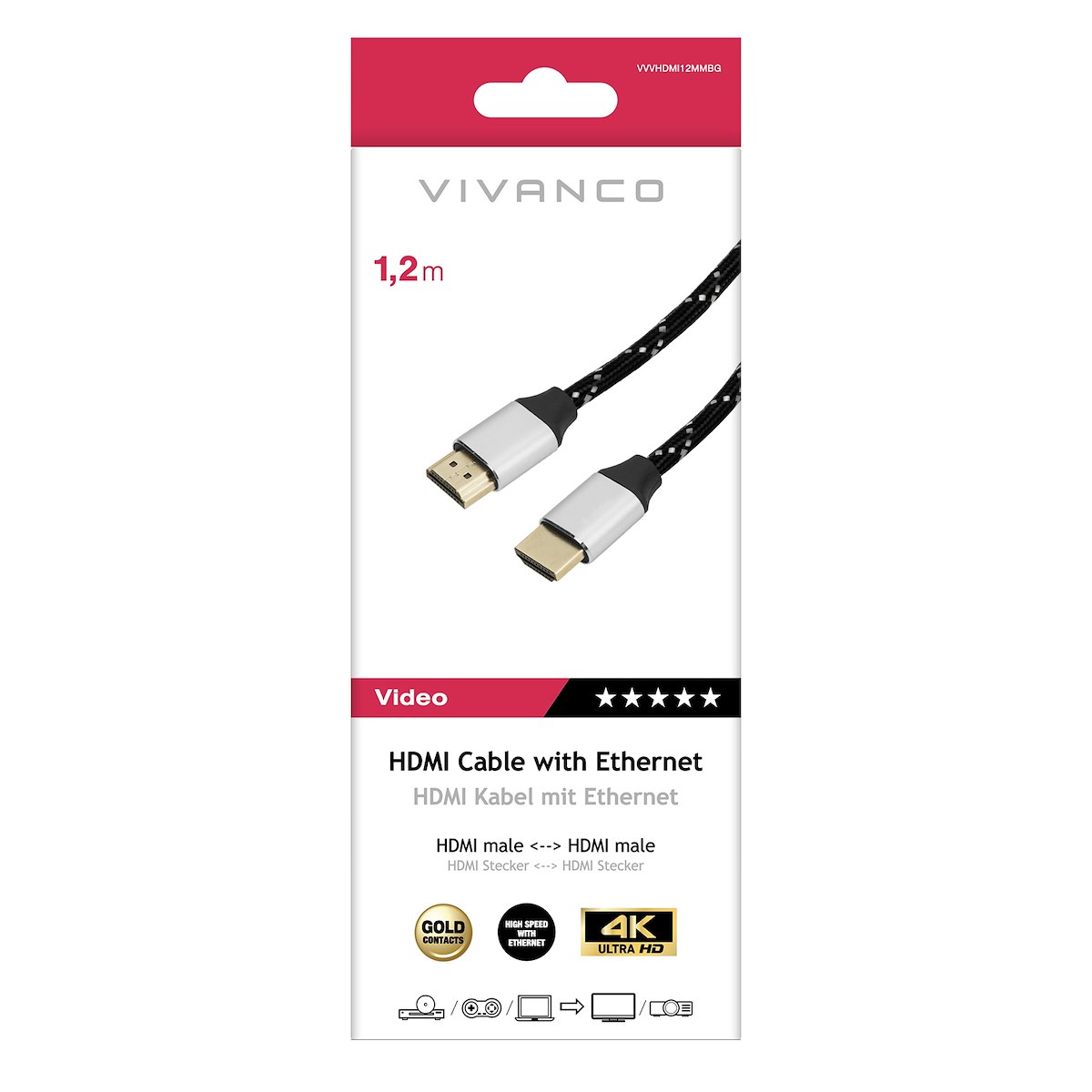 VIVANCO VVVHDMI12MMBG Cavo HDMI 2.0 ARC M-M Nylon 1.2m 4K Nero