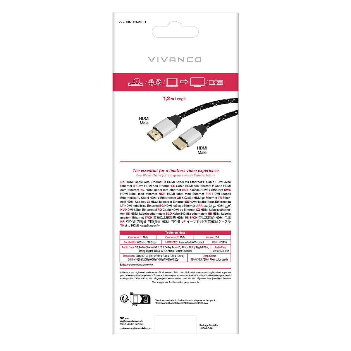 VIVANCO VVVHDMI12MMBG Cavo HDMI 2.0 ARC M-M Nylon 1.2m 4K Nero - immagine 3