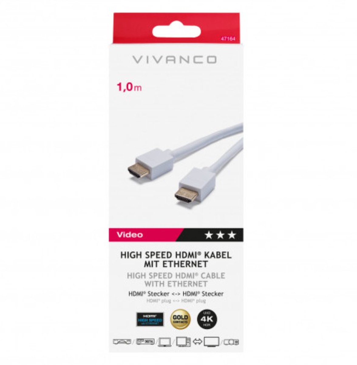 VIVANCO VVITCABHDMIET100W Cavo HDMI 2.0 ARC M-M 1m 4K-60Hz Bianco - immagine 2