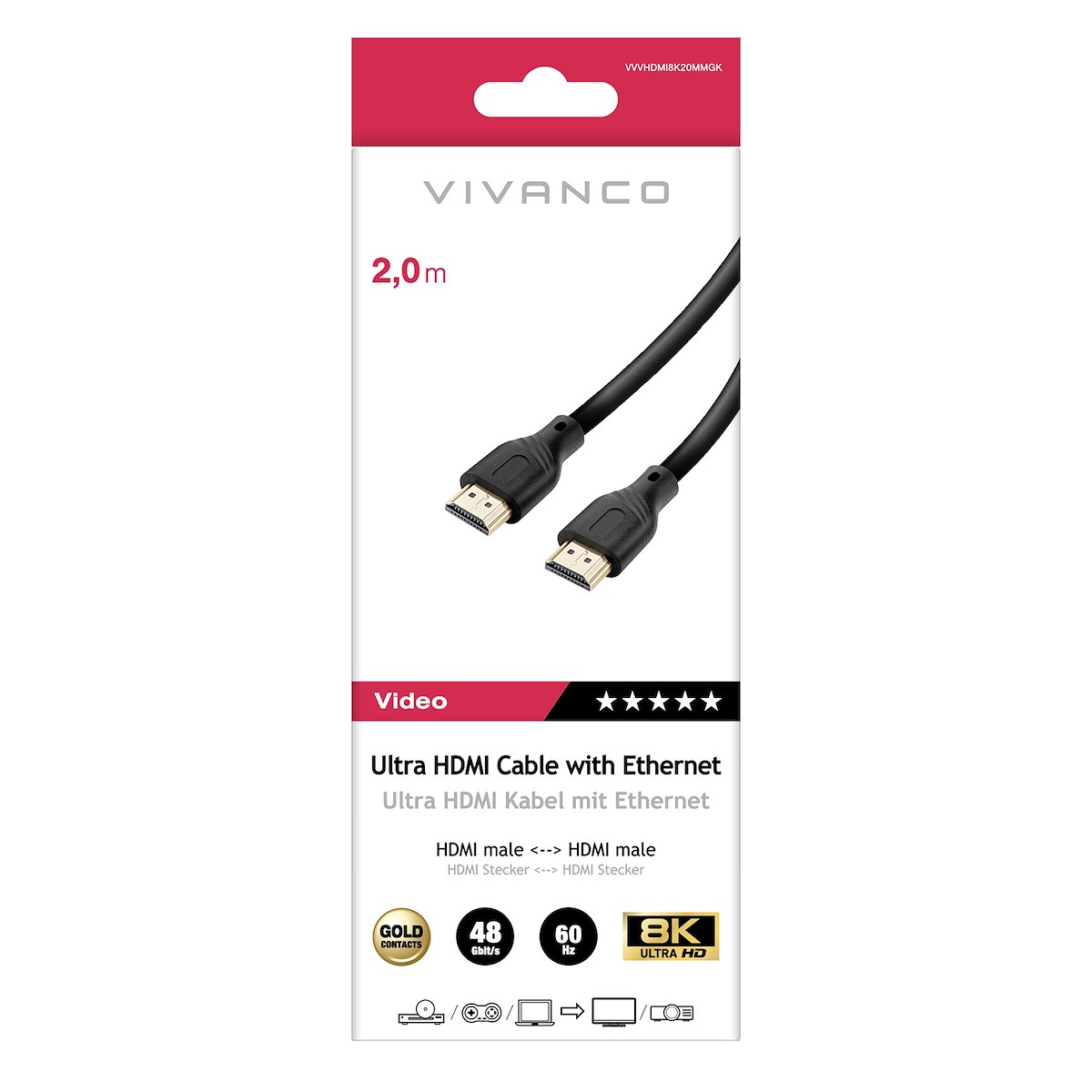 VIVANCO VVVHDMI8K20MMGK Cavo HDMI 2.1 M-M ARC 8K-60Hz 2m Nero