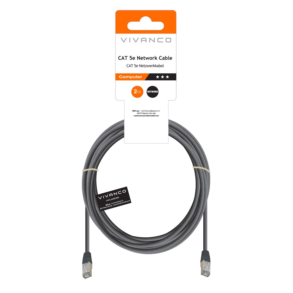 VIVANCO VVITLAN5E20K Cavo Ethernet RJ45 M-M 2m Cat 5e Grigio