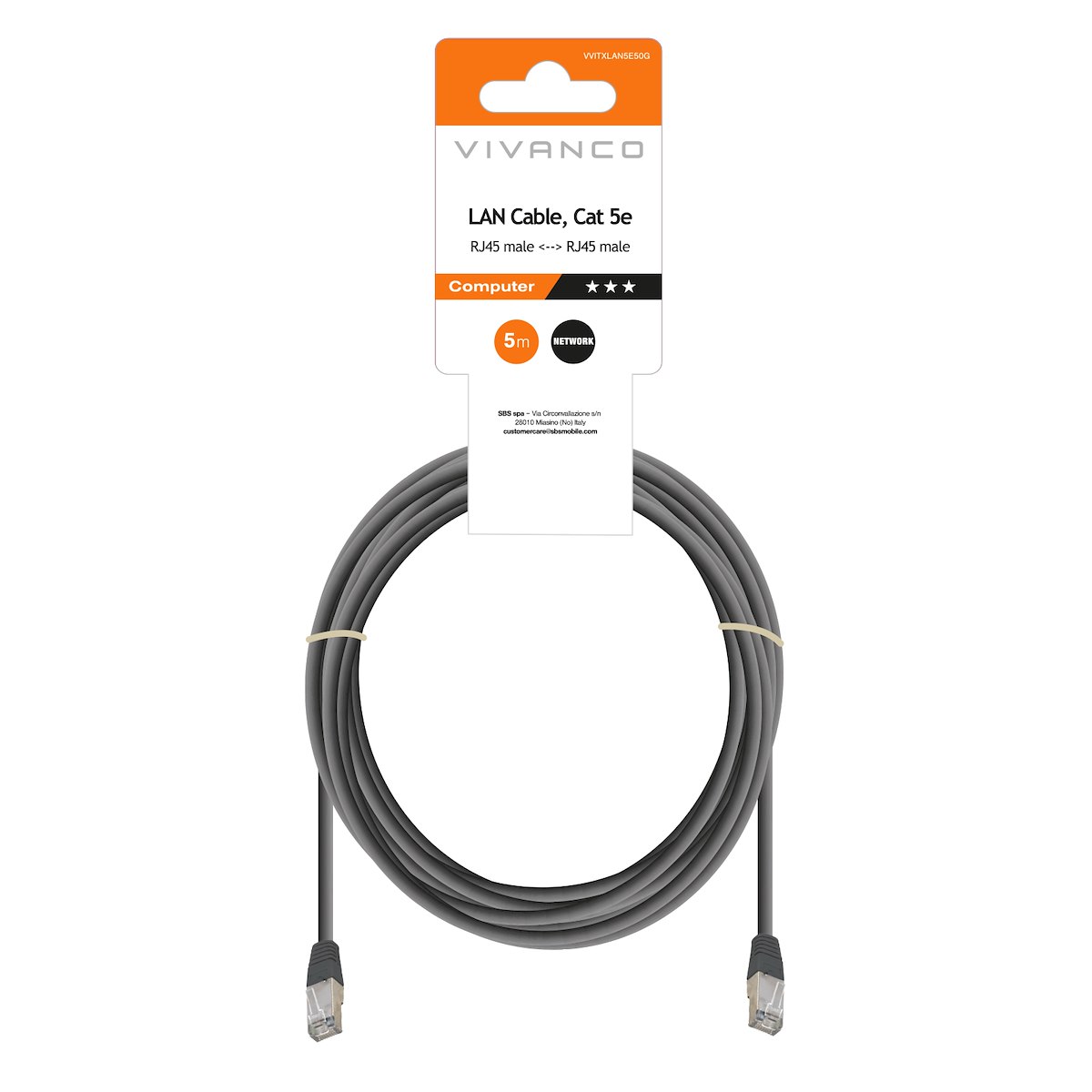 VIVANCO VVITXLAN5E50G Cavo Ethernet RJ45 M-M 5m Cat 5e Grigio