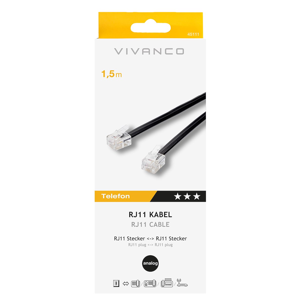 VIVANCO VVTELRJ1115 Cavo Tel RJ11M-M 1.5m Piatto Nero 6P4C