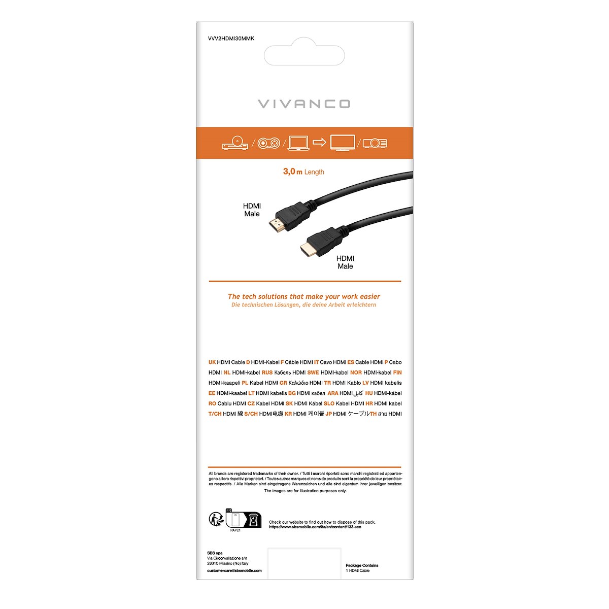 VIVANCO VVV2HDMI30MMK Cavo HDMI 2.0 ARC M-M 3m 4K 60Hz Nero - immagine 3
