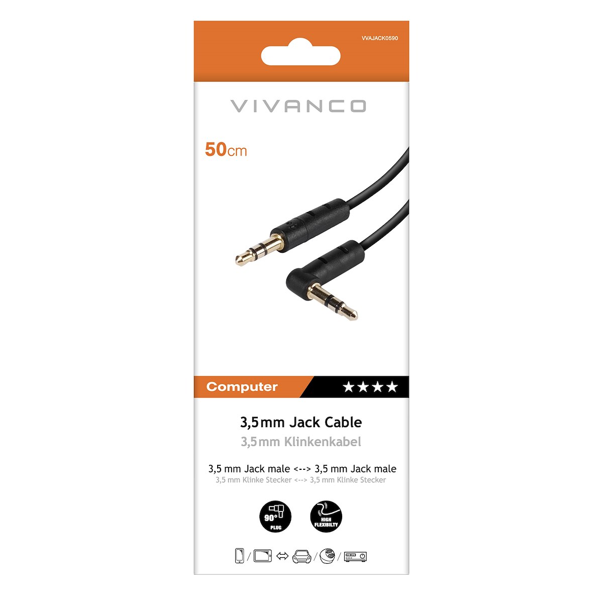 VIVANCO VVAJACK0590 Cavo Audio Jack 3.5mm M-M Angolo Oro 0.5m Nero